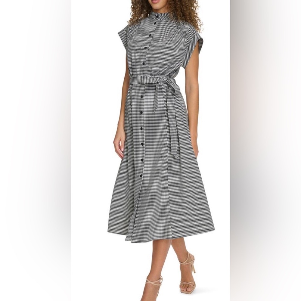 NWOT CALVIN KLEIN Midi Shirtdress Short Sleeve Black/White Mini Plaid w/Belt 10